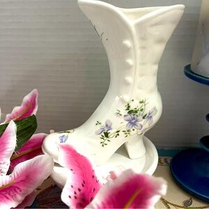 Vintage Sweet Violets Porcelain Bone China Floral White Victorian Boot Figurine